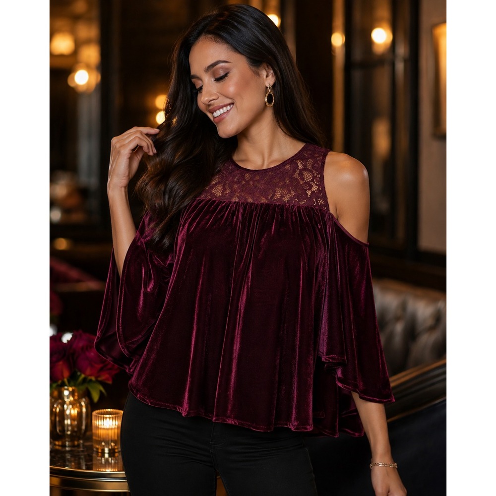 ✨2/$20 NWT Miss Me Cold Shoulder Crushed Velvet Lace Blouse Small Dark Romantic - Picture 11 of 11
